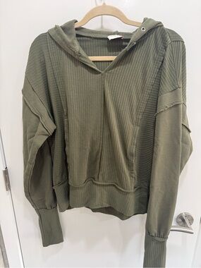 Olive Green Waffle Knit Hooded Pullover